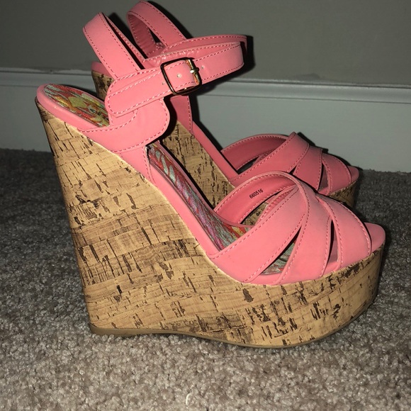 Pink Suede Ankle Wrap Cork Wedge Sandals. - Picture 6 of 8